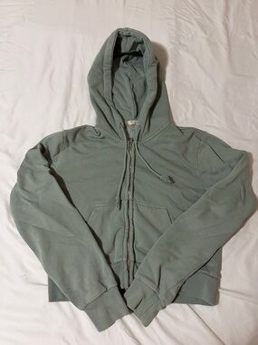 Muted Sage Cropped Zip-Up Hoodie with Drawstring